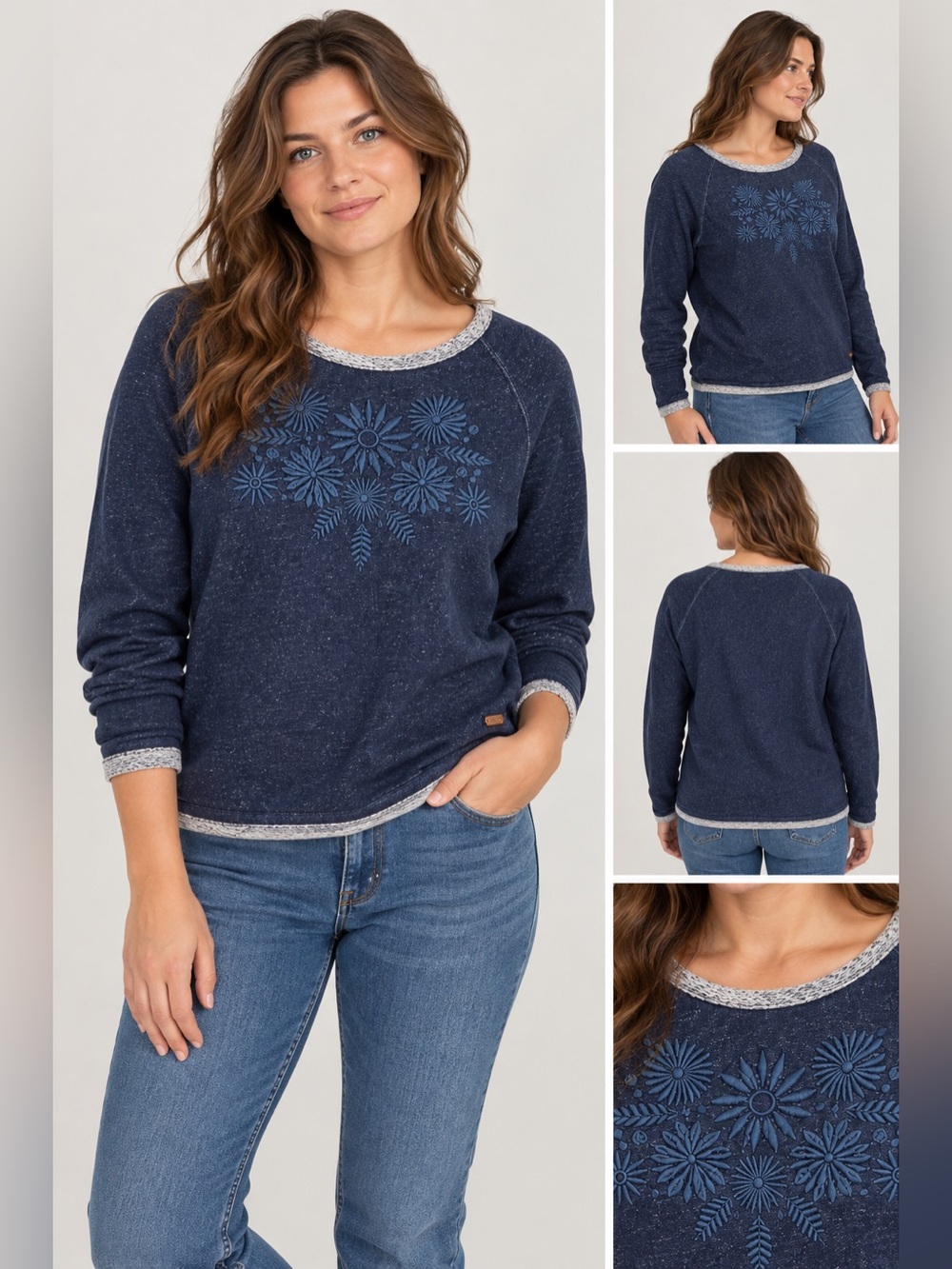 Roots Navy Floral-Textured Crew Sweatshirt